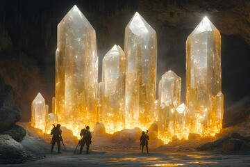 Dramatic scene of a vast underground cavern filled with shimmering gold bearing quartz crystals and archaic mining tools
