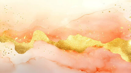 Fototapeta premium Peach & Gold Abstract Art, A Watercolor Landscape of shimmering gold accents on a coral background, creating a luxurious and elegant design.