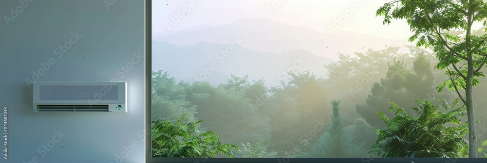Poster wall mounted air conditioner beside open window with scenic mountain view during early morning light