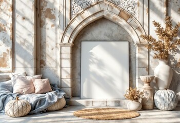 Fototapeta premium A stylish living room featuring a blank canvas, decorative pillows, and elegant vases, perfect for interior design inspiration.