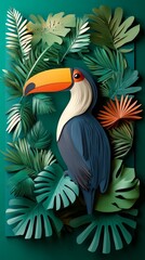 Fototapeta premium A bright jungle bird with a large beak is viewed among lush green leaves and tropical plants, showcasing the beauty of wildlife in a dense habitat