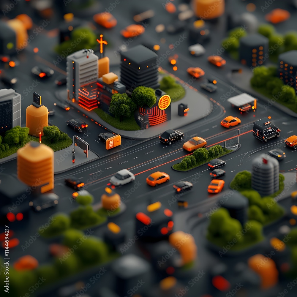 Poster aerial perspective of a sprawling urban landscape showcasing the intricate and synchronized flow of 