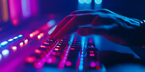 Neon-lit Keyboard, Hands Typing Fast, Intense Gaming Session Under Vibrant Lights