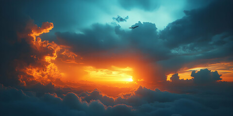 Fototapeta premium Fiery Sunset Above the Clouds, Bird in Flight, Dramatic Sky