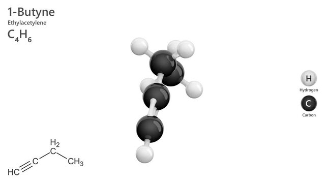 1-Butyne. Alkyne. Gas. Animated 3D model of a molecule. Molecular formula: C4H6. Chemical model: Ball and sticks. White background. 3D rendering. Seamless loop.