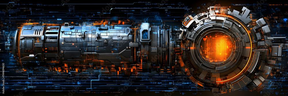 Poster futuristic tech, core system, processing data rapidly, illuminating circuits, advanced technology