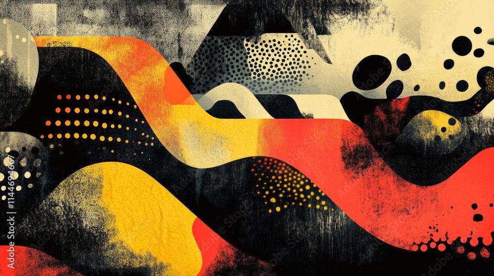 Poster bold abstract patterns with flowing shapes in vivid red, black, yellow, and white create an engaging