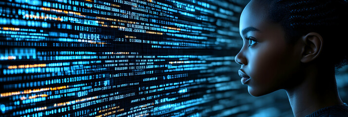 Digital Future, Child Studies Code, Brightly Lit Screen, Intently Observing Data Streams with Fascination.