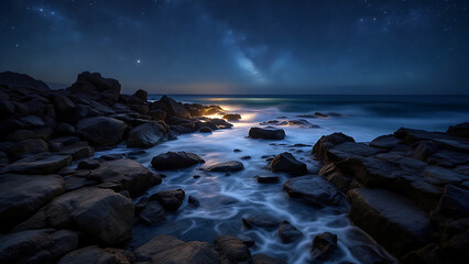 Obraz premium A rocky seashore at night with waves crashing against the stones