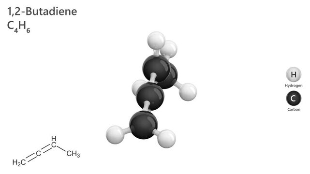 1,2-Butadiene. Alkene. Gas. Animated 3D model of a molecule. Molecular formula: C4H6. Chemical model: Ball and sticks. White background. 3D rendering. Seamless loop.