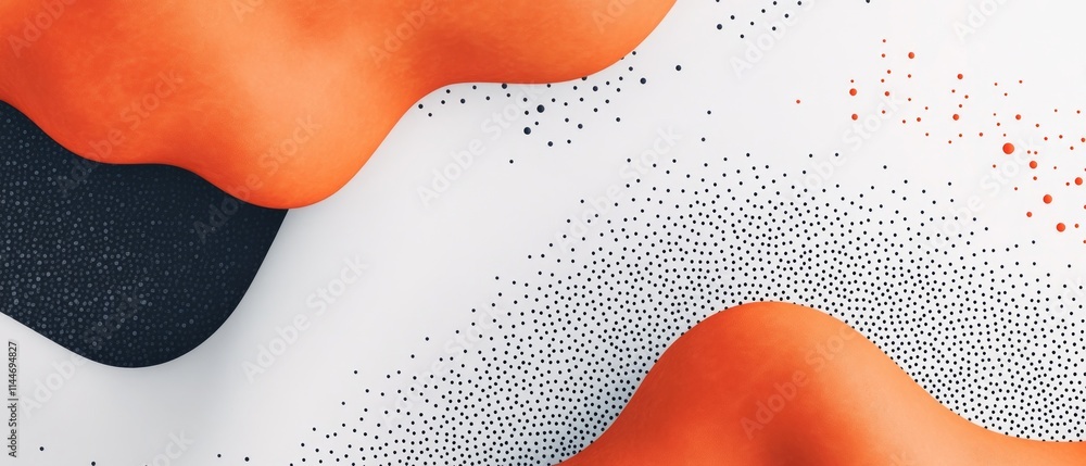 Poster vibrant abstract composition showcases curvy orange and black shapes with contrasting dotted pattern