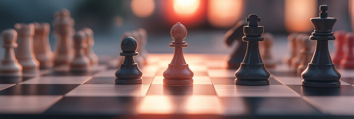 An aesthetically pleasing chess board with meticulously arranged pieces bathed in warm golden sunset light, evoking a strategic and contemplative atmosphere.