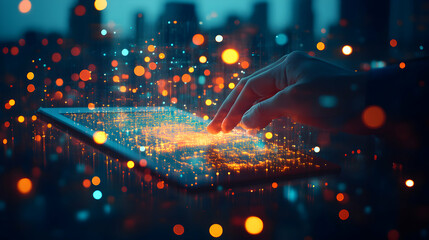 Obraz premium Digital Cityscape, Exploring Urban Data on a Tablet, Illuminating Connections and Opportunities Brilliantly.