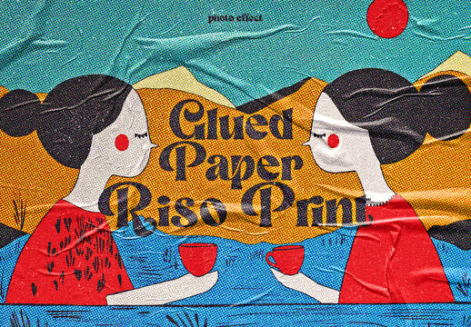 Risograph Print On Glued Paper Photo Effect