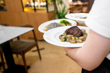 A waiter presents a beautifully plated dish featuring tender beef surrounded by vibrant vegetables, showcasing a fine dining experience in an upscale restaurant setting.