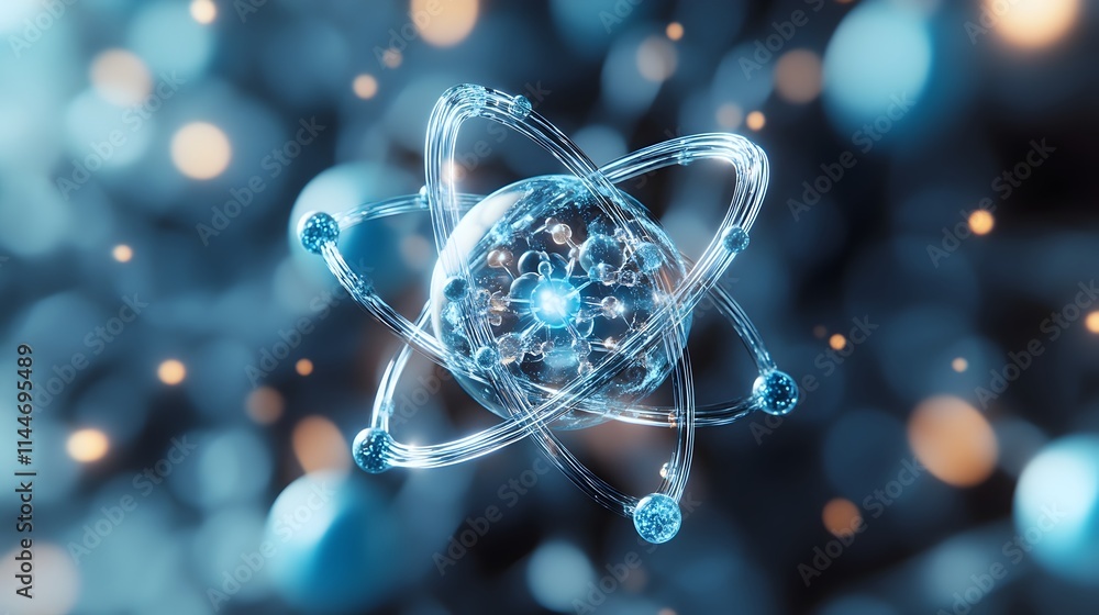 Poster intricate 3d cross section of a technetium atom highlighting its electron and versatile applications