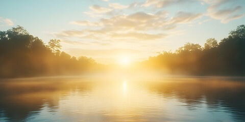 Fototapeta premium Golden Sunrise over Misty Lake, Trees Silhouetted in Warm Light, Peaceful Morning Serenity