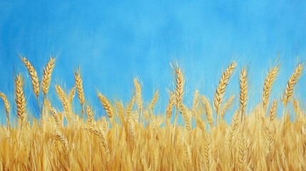 Fototapeta premium Golden Wheat Field Against Bright Blue Sky in Vibrant Landscape