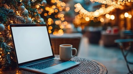 Laptop mockup with a white screen on a table in a cozy cafe during the Christmas season