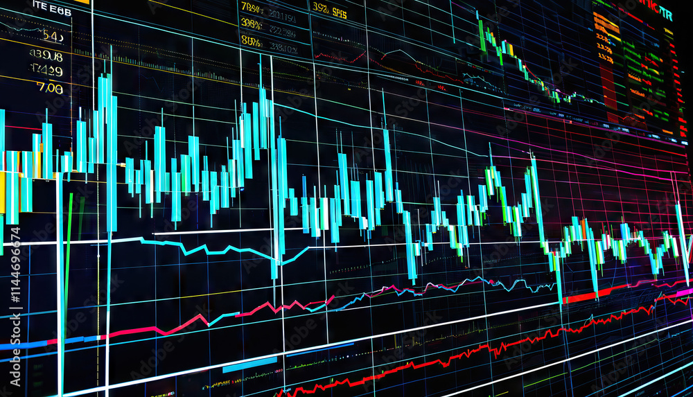 Poster multicolored financial charts and graphs displayed on digital screen