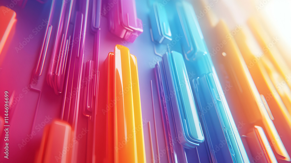 Poster vibrant rainbow abstract, geometric shapes intersect dynamically in a spectrum of colors, creating a