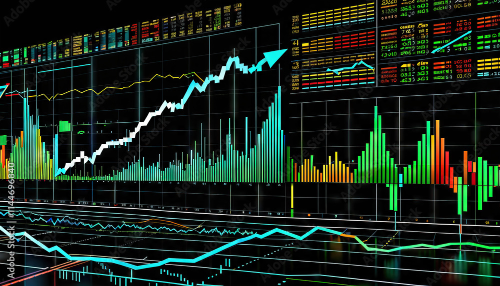Poster financial data visualization display: multiple charts and graphs