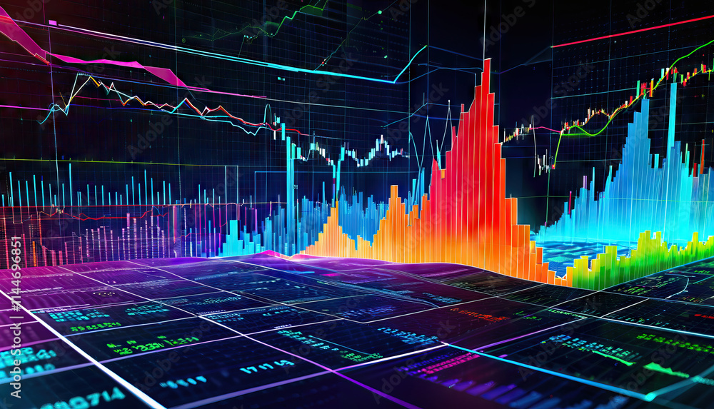 Poster three-dimensional multicolored financial data visualization