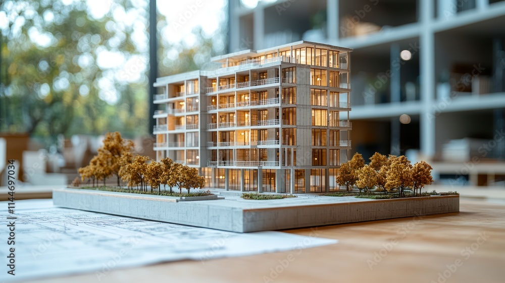 Poster architectural model of a modern building with trees.