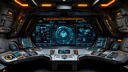 Futuristic Spaceship Bridge, Command Console with Advanced Displays Showing Stellar Navigation Data and System Status