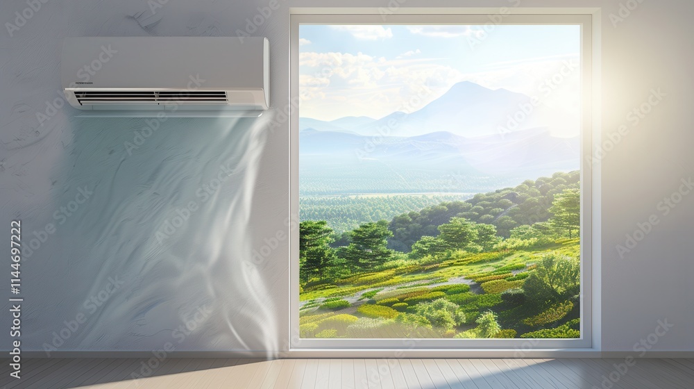 Aufkleber Air conditioner mounted on a wall beside a large open window with a beautiful view of green hills and mountains during daylight. Generative AI
