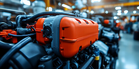 Industrial Engine Component, A Vibrant Orange Cover, Precisely Engineered and Integrated Seamlessly into the Powerful Machinery, Showcasing Industrial Design Excellence.