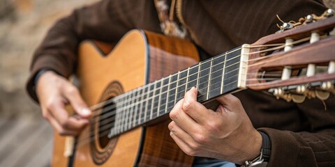Fototapeta premium man's hand in a classical guitar