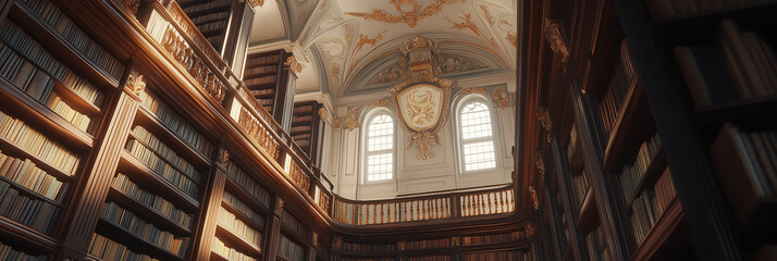 A breathtaking view of a historic library's ornate interior, featuring grand architecture and floor-to-ceiling books, evoking awe and a love for knowledge.