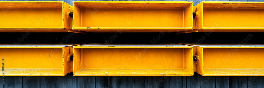 Poster abstract yellow steel structures, geometric design elements arranged in a symmetrical pattern, creat