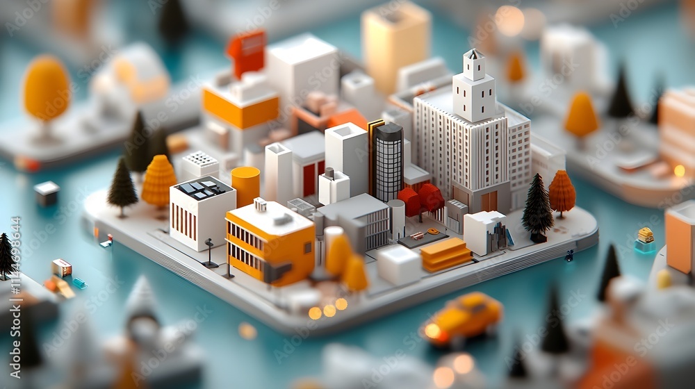 Poster meticulously rendered isometric cityscape visualizing the frequency of occurrence of different archi