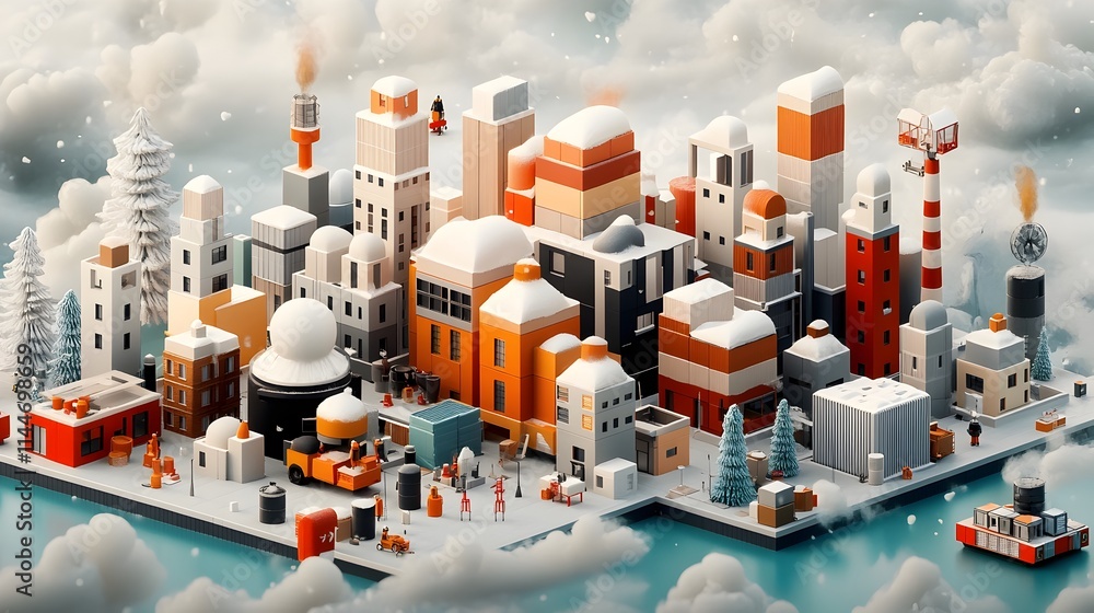 Poster meticulously rendered isometric cityscape visualizing the frequency of occurrence of different archi