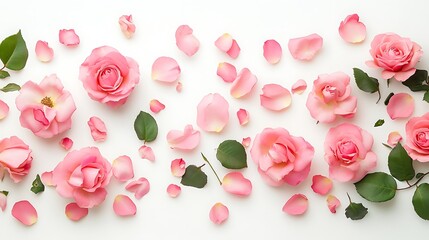 Pink roses beautifully arranged with petals photo wide shot mockup. AI Generated