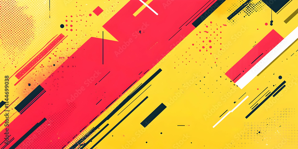 Poster abstract geometric background, red and yellow shapes intersect dynamically with a grunge texture