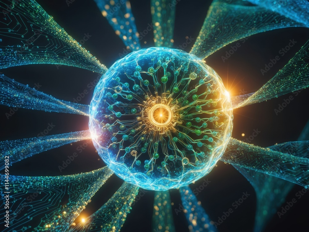 Poster exploring the intricacies of nanotechnology through vibrant artistic visualization of molecular stru