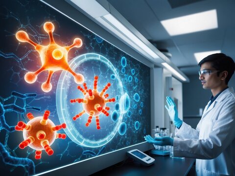 Exploring the intricate world of nanotechnology in a modern laboratory setting with a researcher analyzing molecular structures