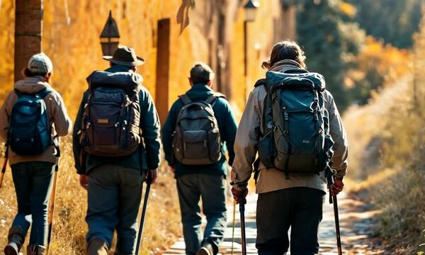 Peregrinos haciendo el Camino de Santiago. Excursionistas en un d&iacute;a soleado