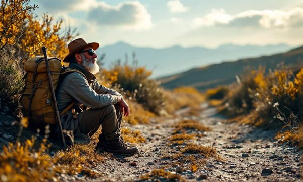Peregrino haciendo el Camino de Santiago y descansando en el camino, en medio del campo