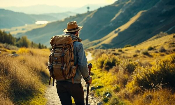 Peregrino haciendo el Camino de Santiago y descansando en el camino, en medio del campo