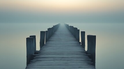 Obraz premium Wooden Pier Extending Into Misty Lake at Dawn