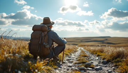 Peregrino haciendo el Camino de Santiago y descansando en el camino, en medio del campo