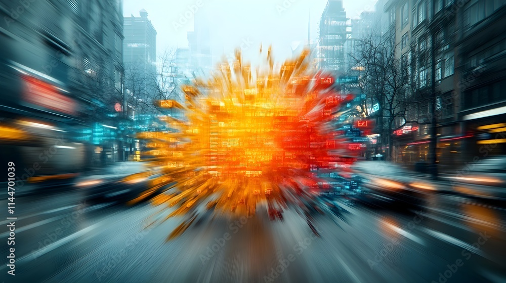 Poster captivating digital artwork that visually represents the constant flow and frequency of social media