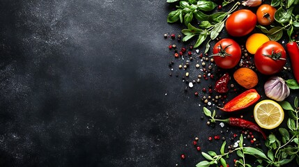 Vibrant tomatoes peppers and spices scattered on dark backdrop photo. AI Generated