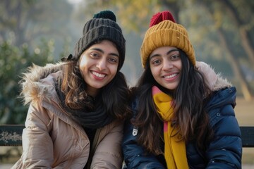 Two indian woman sitting at park in winter wear  Two indian woman sitting at park in winter wear
