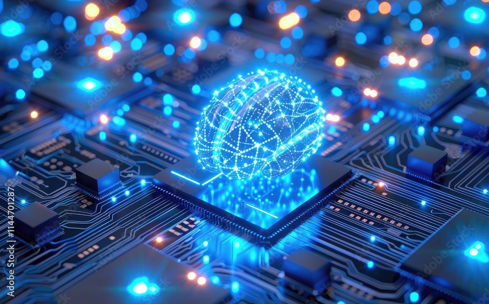 Poster A close-up 3D rendering of a glowing blue holographic brain on a circuit board, set against a digital technology background, emphasizing innovation and tech advancements