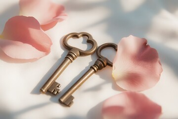 Antique keys and rose petals in elegant arrangement